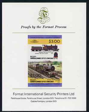 St Vincent - Bequia 1984 Locomotives #2 (Leaders of the World) $3.00 (4-4-0 George the Fifth) imperf se-tenant proof pair mounted on Format International proof card, stamps on railways