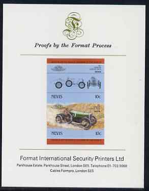 Nevis 1985 10c Sunbeam Coupe (1912) imperf se-tenant proof pair mounted on Format International proof card (as SG 326a), stamps on cars, stamps on sunbeam