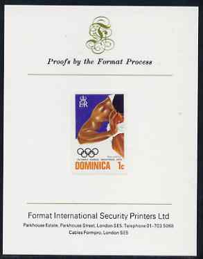 Dominica 1976 Olympic Games 1c (Shot Putt) imperf proof mounted on Format International proof card (as SG 516var), stamps on sport, stamps on olympics, stamps on shot, stamps on 