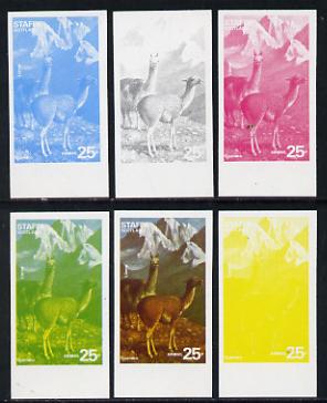Staffa 1977 Wild Animals 25p (Guanaco & Llama) set of 6 imperf progressive colour proofs comprising the 4 individual colours plus 2 and all 4-colour composites unmounted ..., stamps on animals
