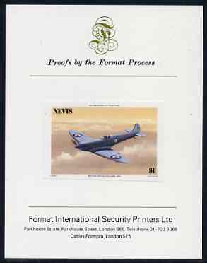 Nevis 1986 Spitfire $1 (Prototype K-5054) imperf proof mounted on Format International proof card (as SG 372),, stamps on aviation, stamps on  ww2 , stamps on  raf , stamps on 