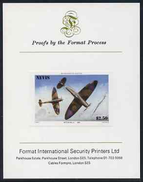 Nevis 1986 Spitfire $2.50 (Mark 1A in Battle of Britain) imperf proof mounted on Format International proof card (as SG 373) , stamps on aviation, stamps on  ww2 , stamps on  raf , stamps on militaria