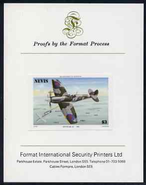 Nevis 1986 Spitfire $3 (Mark XII) imperf proof mounted on Format International proof card (as SG 374) , stamps on aviation, stamps on  ww2 , stamps on  raf , stamps on 