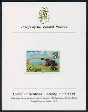 Antigua 1976 Cannon 50c (with imprint) imperf proof mounted on Format International proof card (as SG 481B), stamps on militaria, stamps on cannons