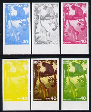 Staffa 1977 Wild Animals 40p (Spider & Woolly Monkeys) set of 6 imperf progressive colour proofs comprising the 4 individual colours plus 2 and all 4-colour composites un..., stamps on animals     apes