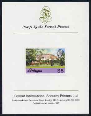Antigua 1976 Government House $5 (without imprint) imperf proof mounted on Format International proof card (as SG 485A), stamps on constitutions