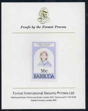 Barbuda 1981 Florence Nightingale 50c imperf proof mounted on Format International proof card (as SG 546), stamps on medical, stamps on personalities, stamps on nurses, stamps on women