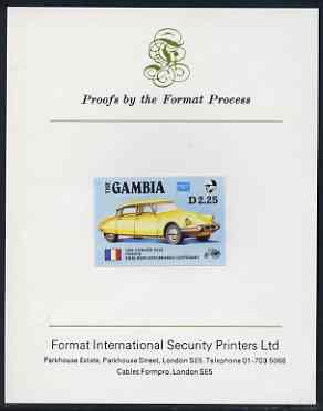 Gambia 1987 Ameripex 2d25 (1956 Citroen DS19) imperf proof mounted on Format International proof card, as SG 655, stamps on cars, stamps on stamp exhibitions