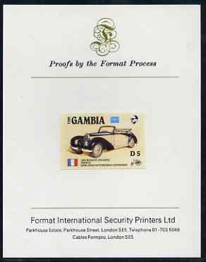 Gambia 1987 Ameripex 5d (1936 Bugatti) imperf proof mounted on Format International proof card, as SG 656, stamps on cars, stamps on stamp exhibitions, stamps on bugatti