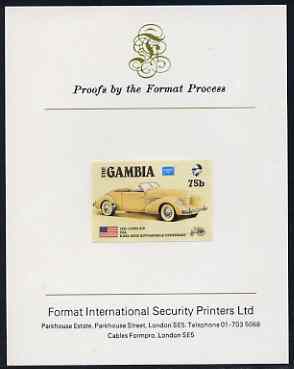 Gambia 1987 Ameripex 75b (1935 Cord 810) imperf proof mounted on Format International proof card, as SG 651, stamps on , stamps on  stamps on cars, stamps on stamp exhibitions