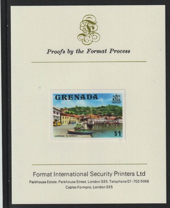 Grenada 1975 Carenage $1 imperf proof mounted on Format International proof card (as SG 664), stamps on tourism