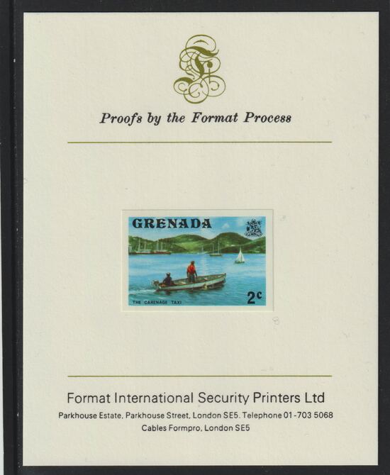 Grenada 1975 Carenage Taxi 2c imperf proof mounted on Format International proof card (as SG 651), stamps on ships