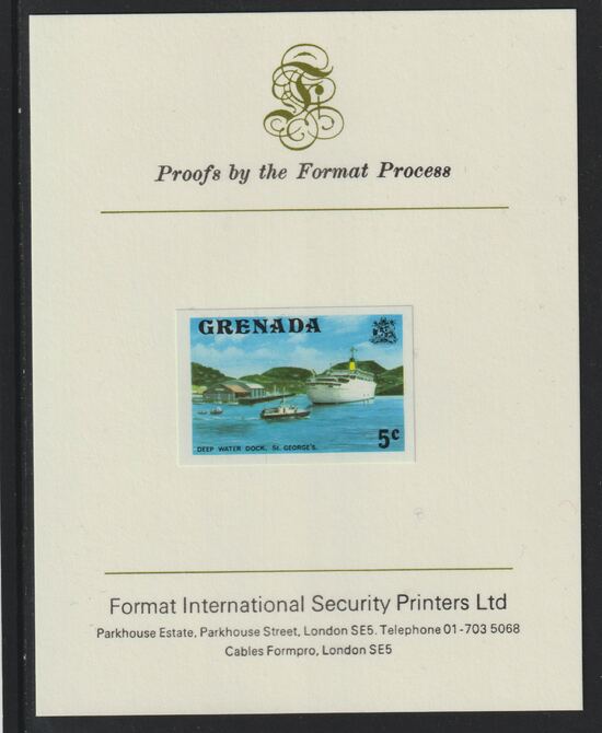 Grenada 1975 Deep Water Dock 5c imperf proof mounted on Format International proof card (as SG 653), stamps on ships, stamps on ports