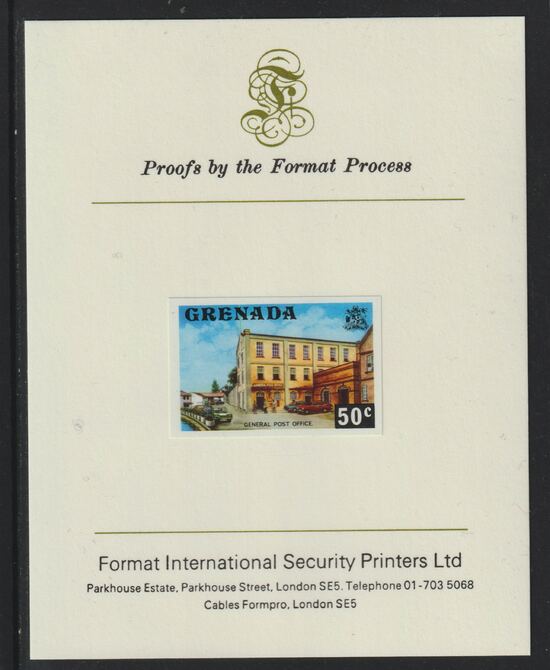 Grenada 1975 Post Office 50c imperf proof mounted on Format International proof card (as SG 662), stamps on postal, stamps on postbox