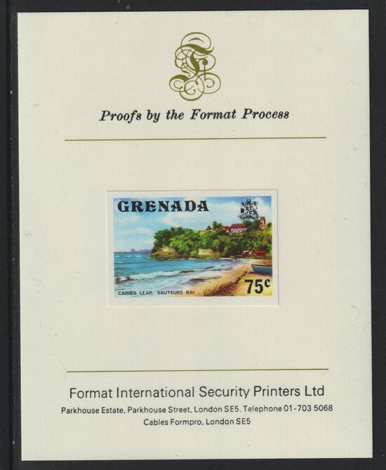 Grenada 1975 Sauteurs Bay 75c imperf proof mounted on Format International proof card (as SG 663), stamps on tourism