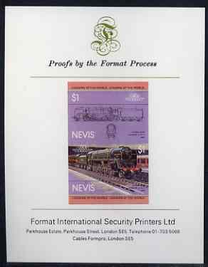 Nevis 1983 Locomotives #1 (Leaders of the World) Evening Star $1 imperf se-tenant proof pair mounted on Format International proof card, stamps on railways