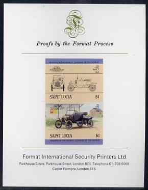 St Lucia 1984 Cars #2 (Leaders of the World) $1 Ford Model 'T' (1914) imperf se-tenant proof pair mounted on Format International proof card, stamps on cars, stamps on ford