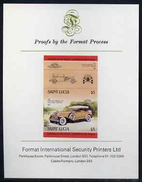 St Lucia 1984 Cars #2 (Leaders of the World) $3 Chrysler Imperial (1931) imperf se-tenant proof pair mounted on Format International proof card, stamps on cars, stamps on chrysler