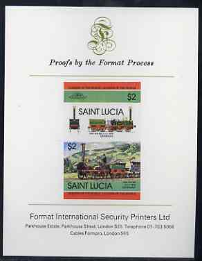 St Lucia 1984 Locomotives #2 (Leaders of the World) $2 'Der Adler 2-2-2'  imperf se-tenant proof pair mounted on Format International proof card, stamps on railways
