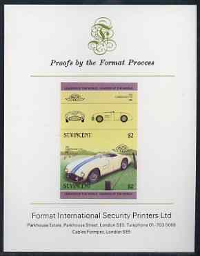 St Vincent 1985 Cars #3 (Leaders of the World) $2 Cunningham C-5R (1953) imperf se-tenant proof pair mounted on Format International proof card, stamps on cars
