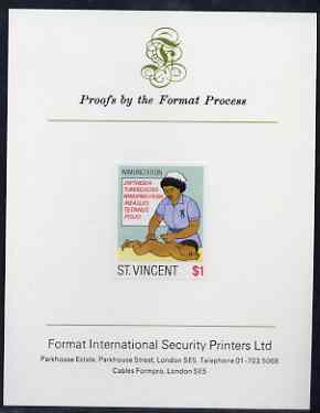 St Vincent 1987 Child Health $1 (as SG 1052) imperf proof mounted on Format International proof card, stamps on children, stamps on medical, stamps on nurses, stamps on clocks