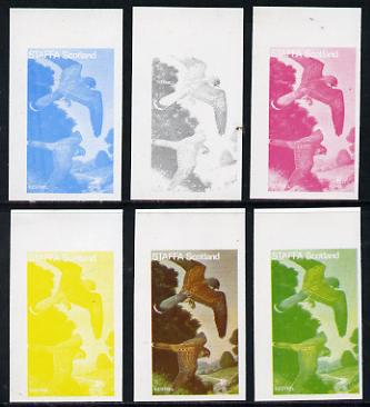 Staffa 1977 Birds of Prey #01 Kestrel 1.5p set of 6 imperf progressive colour proofs comprising the 4 individual colours plus 2 and all 4-colour composites unmounted mint, stamps on birds, stamps on birds of prey