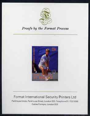 St Vincent - Bequia 1988 International Tennis Players 15c (Anders Jarryd) imperf proof mounted on Format International proof card, stamps on , stamps on  stamps on sport, stamps on personalities, stamps on tennis