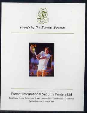 St Vincent - Bequia 1988 International Tennis Players 80c (Jimmy Connors) iimperf proof mounted on Format International proof card, stamps on sport, stamps on personalities, stamps on tennis