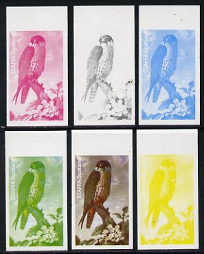 Staffa 1977 Birds of Prey #01 Hobby 2.5p set of 6 imperf progressive colour proofs comprising the 4 individual colours plus 2 and all 4-colour composites unmounted mint, stamps on birds, stamps on birds of prey