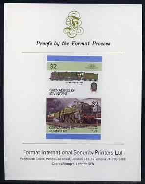 St Vincent - Grenadines 1986 Locomotives #6 (Leaders of the World) $2 (4-6-2 Clan Class) imperf se-tenant proof pair mounted on Format International proof card (as SG 455a), stamps on railways