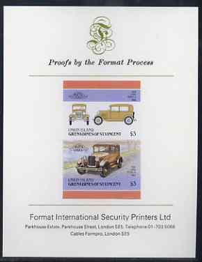 St Vincent - Union Island 1986 $3 Ford Model A imperf se-tenant proof pair mounted on Format International proof card, stamps on cars, stamps on ford