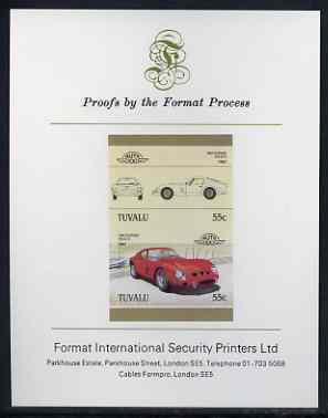 Tuvalu 1985 55c Ferrari imperf se-tenant proof pair mounted on Format International proof card (as SG 366a), stamps on cars, stamps on ferrari