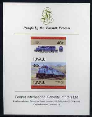 Tuvalu 1985 Locomotives #5 (Leaders of the World) 40c (GM SD-50) imperf se-tenant proof pair mounted on Format International proof card (SG 350a), stamps on railways