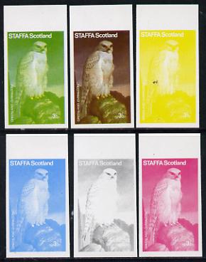 Staffa 1977 Birds of Prey #01 Greenland Gyrfalcon 3.5p set of 6 imperf progressive colour proofs comprising the 4 individual colours plus 2 and all 4-colour composites un..., stamps on birds, stamps on birds of prey