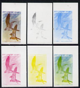 Staffa 1977 Birds of Prey #01 Montagus Harrier 7.5p set of 6 imperf progressive colour proofs comprising the 4 individual colours plus 2 and all 4-colour composites unmounted mint, stamps on birds, stamps on birds of prey
