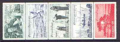 Sweden 1977 Tourism (Musical Poem) se-tenant set of 5 (ex booklets) unmounted mint, SG 927a, stamps on tourism, stamps on music, stamps on poetry, stamps on fishing, stamps on dancing, stamps on food, stamps on slania