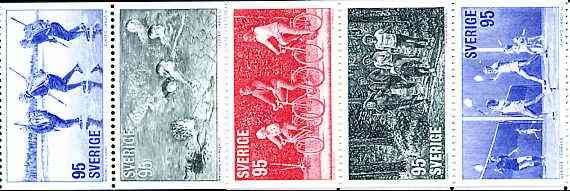 Sweden 1977 Keep Fit Activities se-tenant set of 5 (ex booklets) unmounted mint, SG 919a, stamps on , stamps on  stamps on badminton, stamps on leisure, stamps on swimming, stamps on ice skating, stamps on bicycles, stamps on sport, stamps on running, stamps on 
