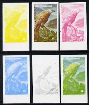 Staffa 1977 Birds of Prey #01 Kite 10p set of 6 imperf progressive colour proofs comprising the 4 individual colours plus 2 and all 4-colour composites unmounted mint, stamps on birds, stamps on birds of prey
