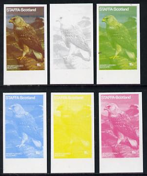 Staffa 1977 Birds of Prey #01 Rough-Legged Buzzard 15p set of 6 imperf progressive colour proofs comprising the 4 individual colours plus 2 and all 4-colour composites un..., stamps on birds, stamps on birds of prey