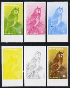 Staffa 1977 Birds of Prey #01 Long-Eared Owl 20p set of 6 imperf progressive colour proofs comprising the 4 individual colours plus 2 and all 4-colour composites unmounted mint, stamps on birds, stamps on birds of prey, stamps on owls