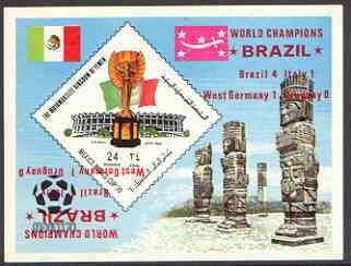 Yemen - Royalist 1970 World Cup Football 24b value (diamond shaped) imperf m/sheet unmounted mint optd Brazil World Champions in red with opt doubled (one inverted), stamps on football, stamps on sport