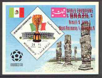 Yemen - Royalist 1970 World Cup Football 24b value (diamond shaped) imperf m/sheet unmounted mint optd Brazil World Champions in red with opt doubled, stamps on football, stamps on sport