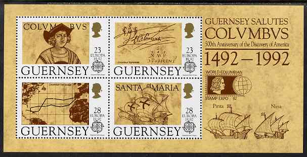 Guernsey 1992 Europa - Columbus perf m/sheet opt'd for World Columbian Stamp Expo 92 unmounted mint, SG MS 560, stamps on columbus, stamps on explorers, stamps on ships, stamps on maps, stamps on autograph, stamps on europa, stamps on stamp exhibitions