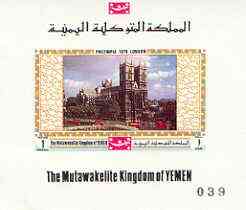 Yemen - Royalist 1970 Philympia 70 Stamp Exhibition 1B Westminster Abbey imperf individual de-luxe sheet (as Mi 1028) unmounted mint, stamps on london, stamps on cathedrals, stamps on buses, stamps on tourism, stamps on stamp exhibitions