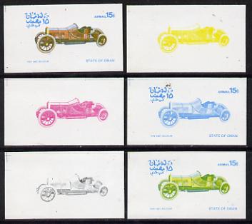 Oman 1976 Vintage Cars #1 15b (Pipe 1907) set of 6 imperf progressive colour proofs comprising the 4 individual colours plus 2 and all 4-colour composites unmounted mint, stamps on cars