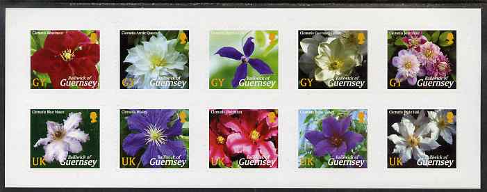 Guernsey 2004 Raymond Evisons Guernsey Clematis sheet of 10 self-adhesives unmounted mint, SG 1017a, stamps on flowers, stamps on clematis, stamps on self adhesive