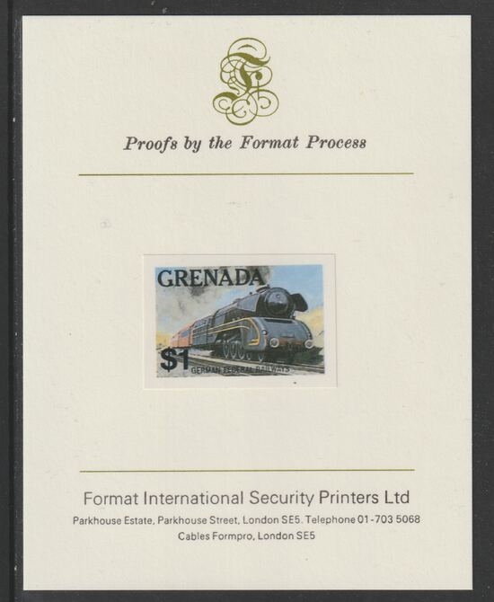 Grenada 1982 Famous Trains $1 German Federal Railway Steam Loco imperf proof mounted on Format International proof card as SG 1216, stamps on railways