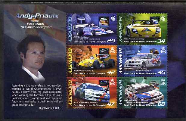 Guernsey 2006 Andy Priaulxs Motor Racing Victories perf m/sheet unmounted mint, SG MS1109, stamps on cars, stamps on motor racing
