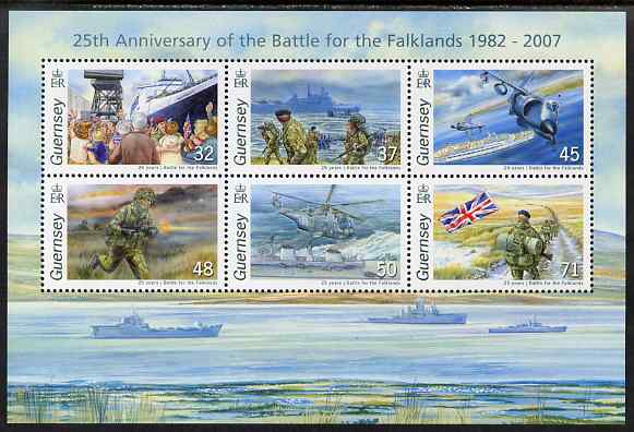 Guernsey 2007 25th Anniversary of Battle for the Falkland Islands perf m/sheet unmounted mint, SG MS1148, stamps on milatria, stamps on battles, stamps on aviation, stamps on ships, stamps on helicopters
