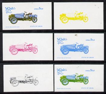 Oman 1976 Vintage Cars #1 1R (Spyker) set of 6 imperf progressive colour proofs comprising the 4 individual colours plus 2 and all 4-colour composites unmounted mint, stamps on cars